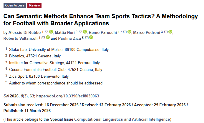 Screen dell'intestazione open access "Can Semantic Methods Enhance Team Sports Tactics? A Methodology for Football with Broader Applications", codice DOI 10.3390/sci8030063